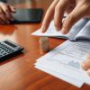 Mână aranjând monede, calculator, documente financiare