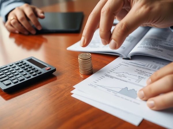Mână aranjând monede, calculator, documente financiare
